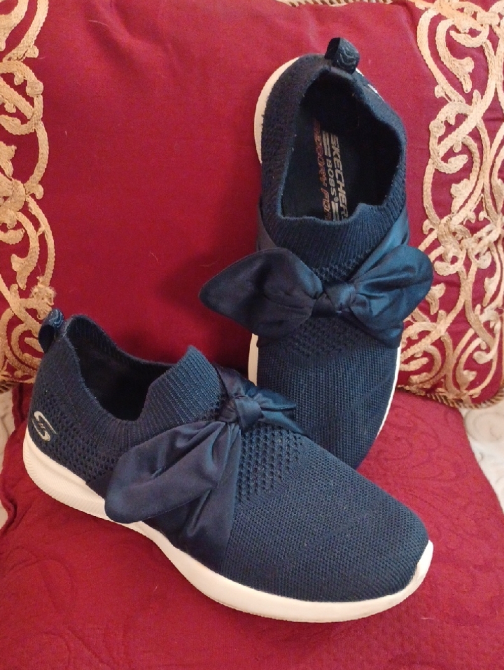 Skechers Navy Knit Slip-On Sneakers with Bow Accent
